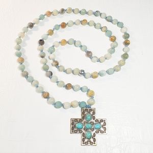 Amazonite Stone Cross Pendant Long Necklace